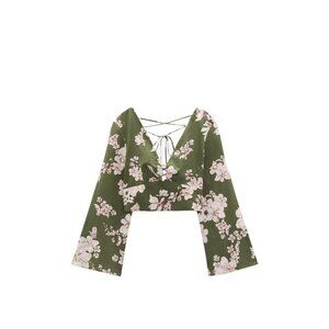 ZARA PRINTED LINEN BLEND CROP TOP ECRU/KHAKI SIZE xs | 3278/781